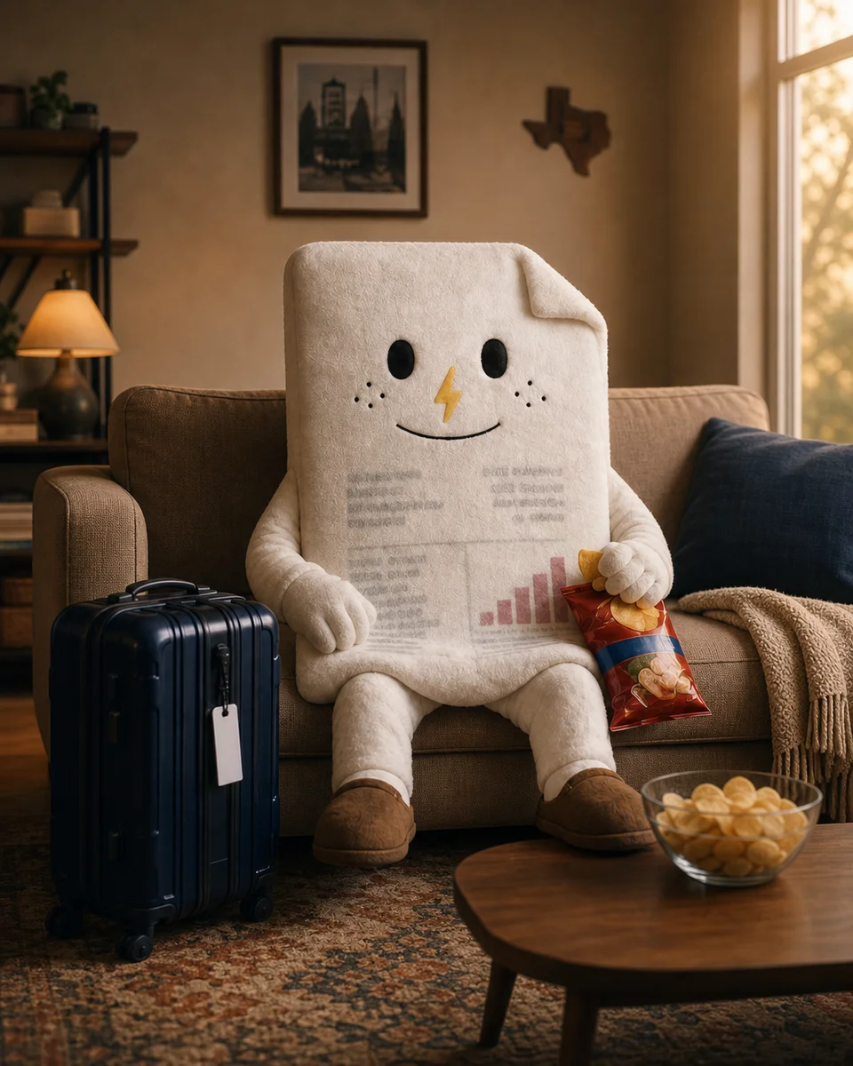 Bill, our electric-bill mascot, settled on the couch with his suitcase and chips.